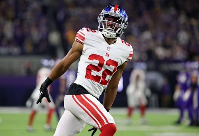 Jan 15, 2023; Minneapolis, Minnesota, USA; New York Giants cornerback Adoree' Jackson (22) reacts after a play against the Minnesota Vikings during the fourth quarter during a wild card game at U.S. Bank Stadium.